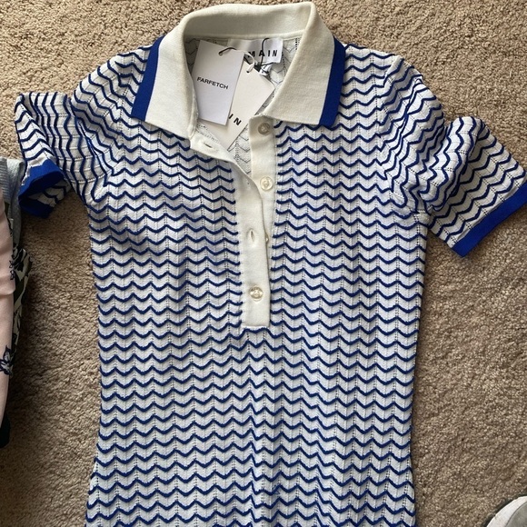 Remain- Blue and White Chevron Split Skirt Shortsleeve Button Down Midi Dress - Picture 3 of 4